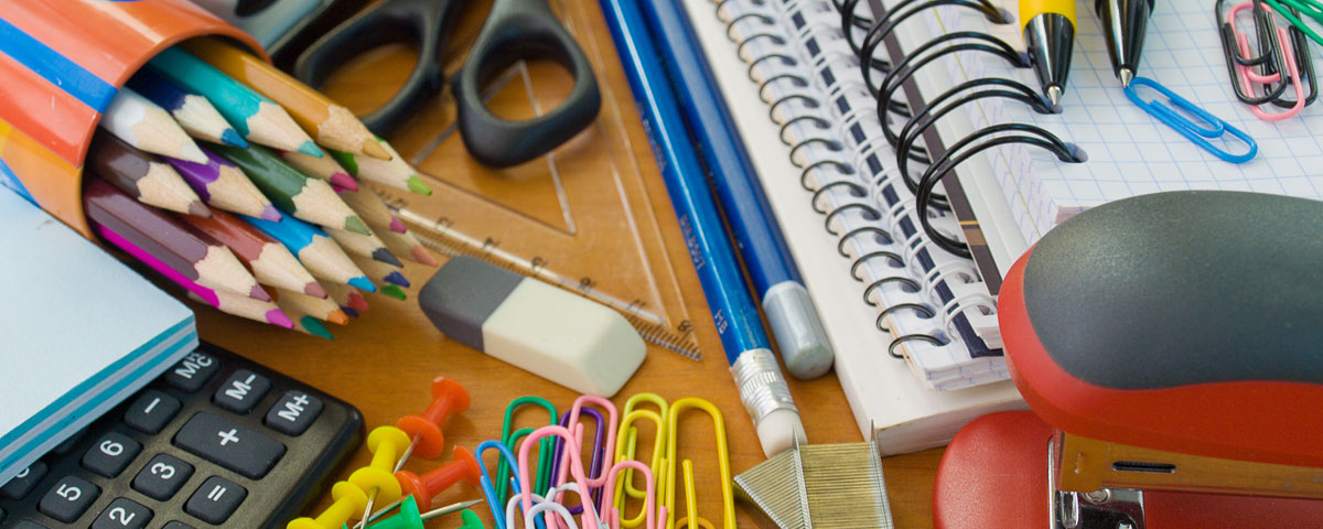 Office Supplies on Desk Pencils Pans Eraser Paper Clips Staples Calculator,= 